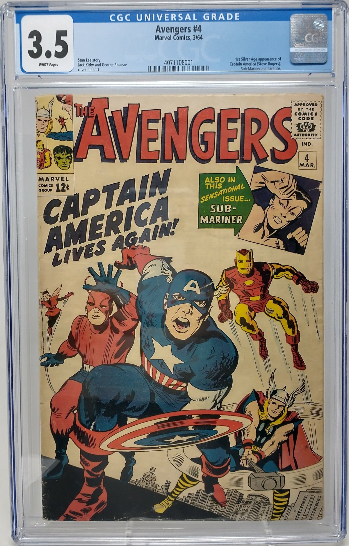 AVENGERS #4 - MARVEL 1964 - CGC 3.5 - 1ST SILVERAGE CAP. AMERICA