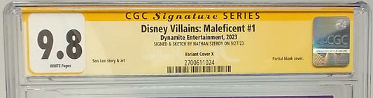 DISNEY VILLIANS: MALEFICENT #1 - DYNAMITE 2023 - CGC 9.8 - NATHAN SZERDY SIGNED SKETCH