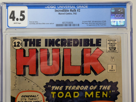 INCREDIBLE HULK #2 - MARVEL 1962 - CGC 4.5 VG+ - 1ST GREEN HULK, 2ND HULK APPEARANCE