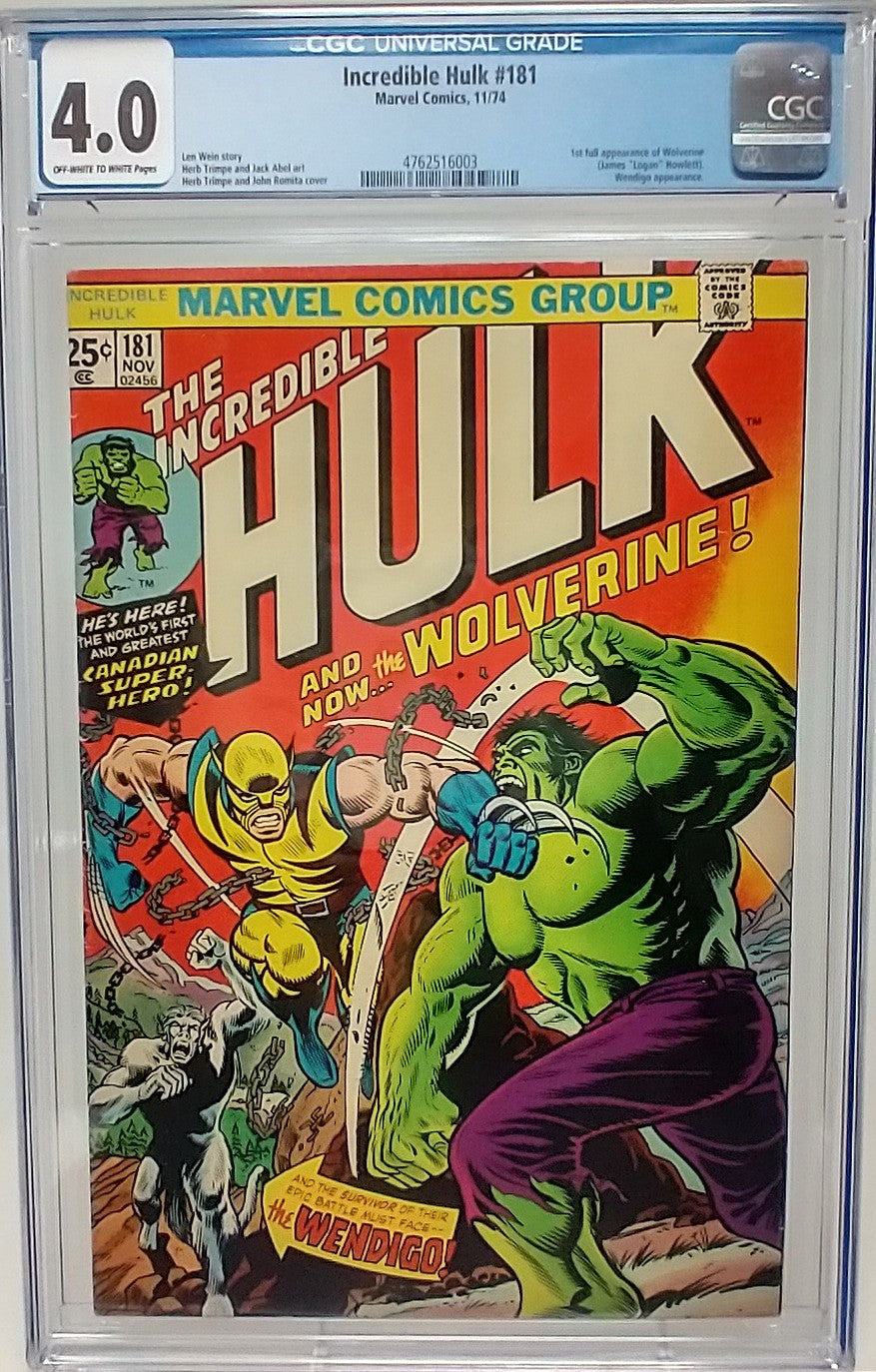 INCREDIBLE HULK #181 - MARVEL 1974 - CGC 4.0 - 1ST WOLVERINE APPEARANCE