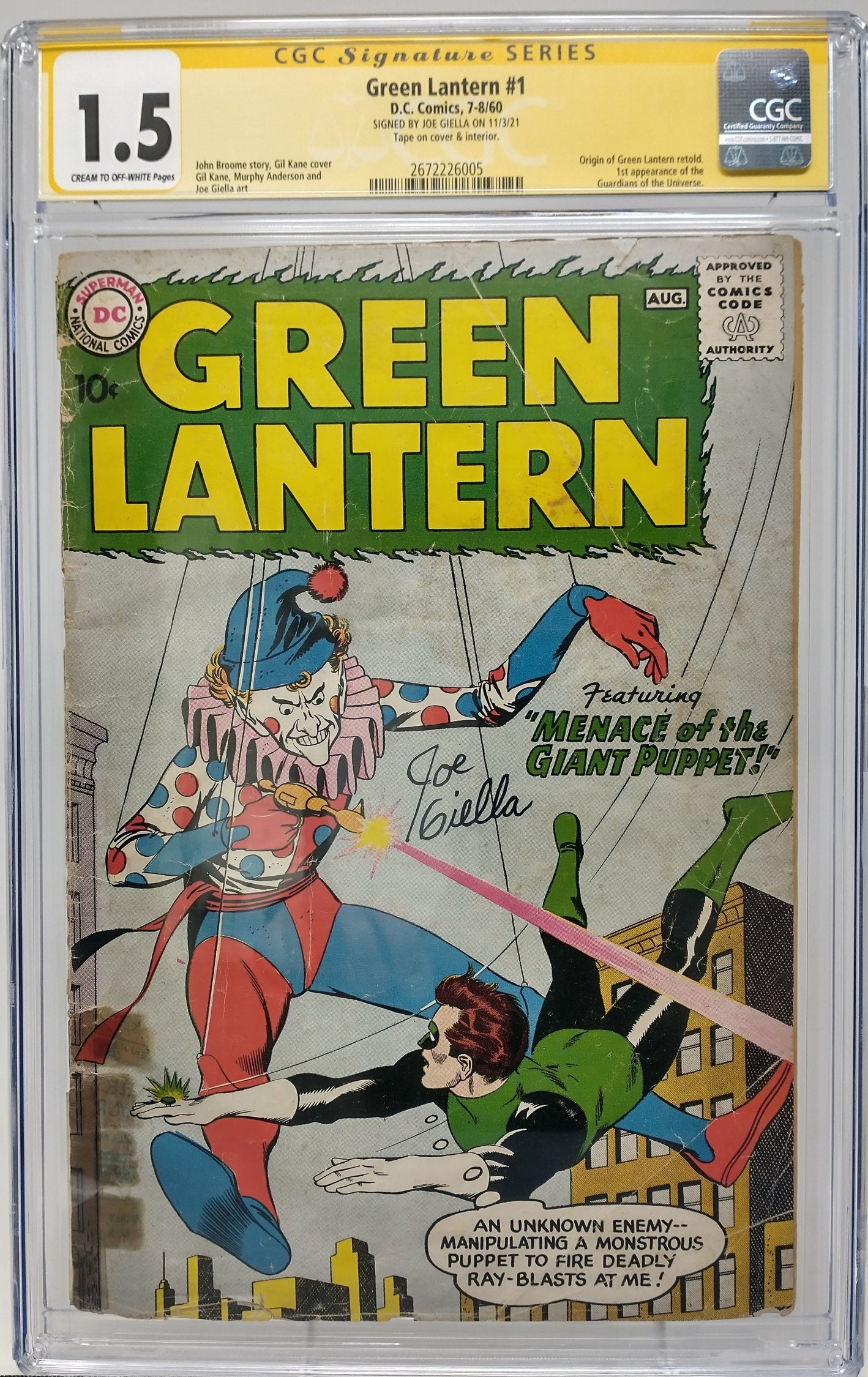 GREEN LANTERN #1 - DC 1960 - CGC 1.5 - 1ST GUARDIANS OF THE UNIVERSE, SIGNED