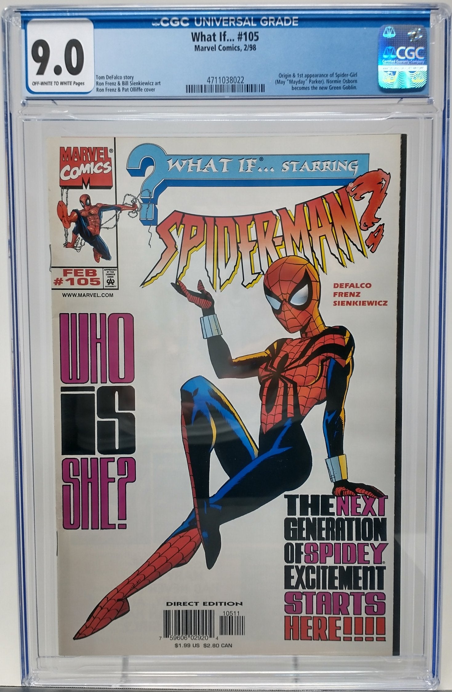 WHAT IF... #105 - MARVEL 1998 - CGC 9.0 - 1ST MAYDAY PARKER & A-NEXT