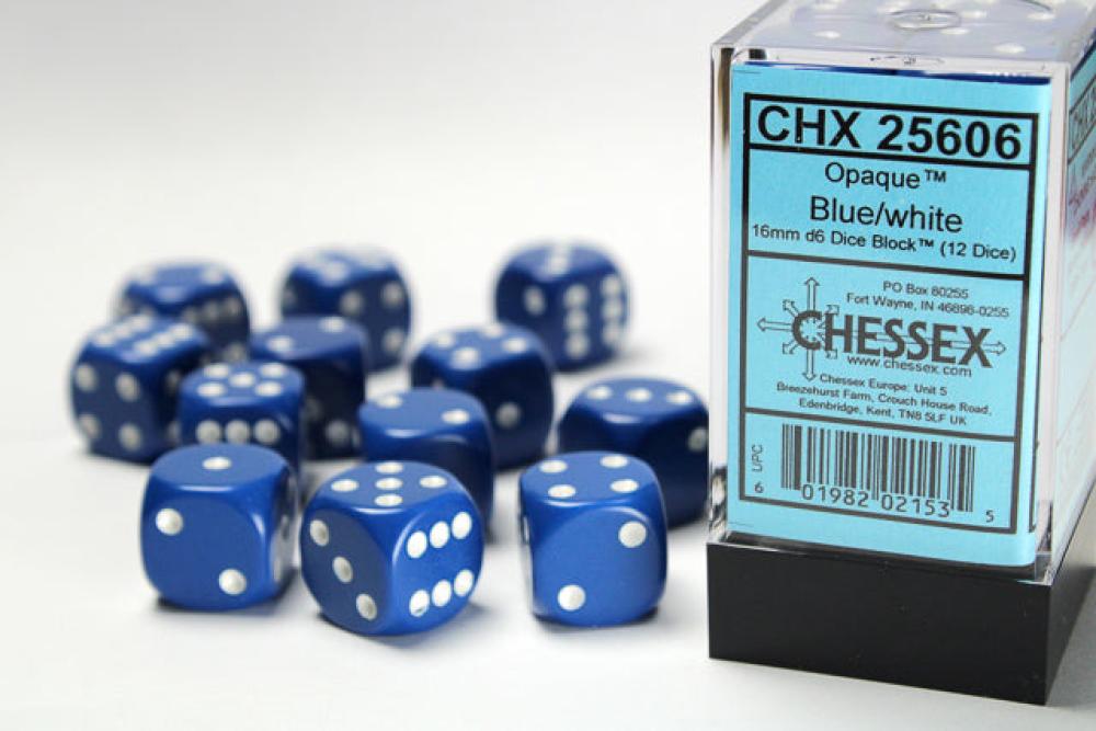 CHX OPAQUE D6 BLUE / WHITE SET OF 12 DICE