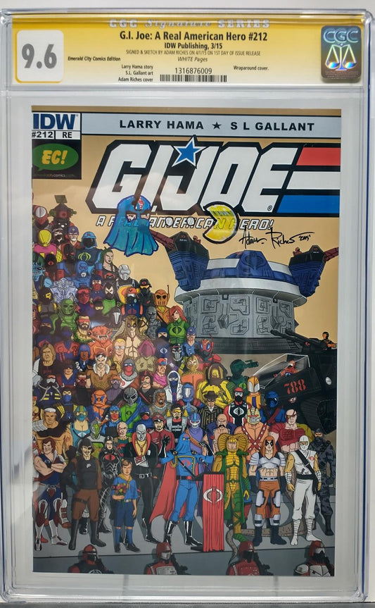 GI JOE A REAL AMERICAN HERO #212 EC EXCLUSIVE VAR COVER SIGNED BY ADAM RICHES CGC 9.8 COBRA COMMANDER SKETCH