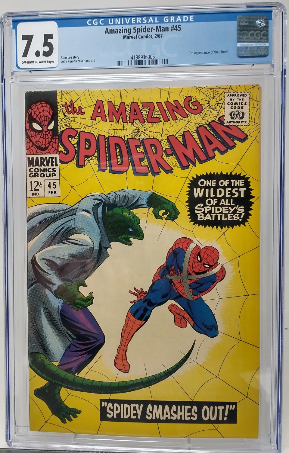 AMAZING SPIDER-MAN #45 - MARVEL 1967 - CGC 7.5 VF- - 3RD LIZARD APPEAREANCE