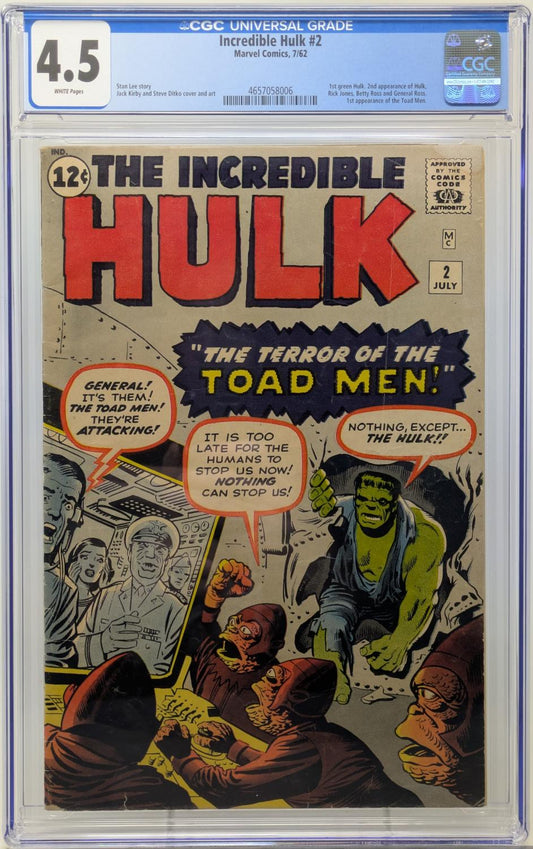 INCREDIBLE HULK #2 - MARVEL 1962 - CGC 4.5 VG+ - 1ST GREEN HULK, 2ND HULK APPEARANCE