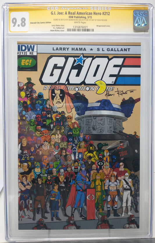 GI JOE A REAL AMERICAN HERO #212 EC EXCLUSIVE VAR COBRA COVER SIGNED BY ADAM RICHES CGC 9.8 PAC-MAN AND ZARTAN SKETCH