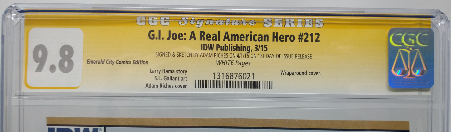GI JOE A REAL AMERICAN HERO #212 EC EXCLUSIVE VAR COBRA COVER SIGNED BY ADAM RICHES CGC 9.8 PAC-MAN AND ZARTAN SKETCH