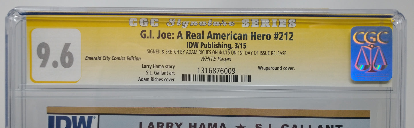 GI JOE A REAL AMERICAN HERO #212 EC EXCLUSIVE VAR COVER SIGNED BY ADAM RICHES CGC 9.8 COBRA COMMANDER SKETCH