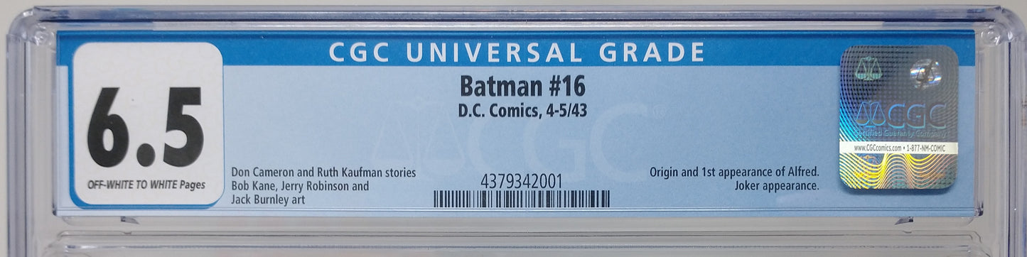 BATMAN #16 - DC 1943 - CGC 6.5 - 1ST ALFRED PENNYWORTH