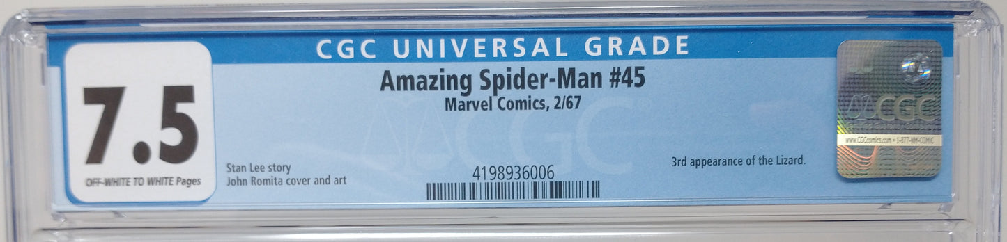 AMAZING SPIDER-MAN #45 - MARVEL 1967 - CGC 7.5 VF- - 3RD LIZARD APPEAREANCE
