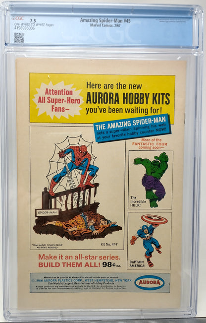AMAZING SPIDER-MAN #45 - MARVEL 1967 - CGC 7.5 VF- - 3RD LIZARD APPEAREANCE