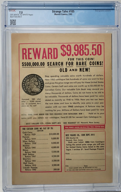 STRANGE TALES #105 - MARVEL 1963 - CGC 7.5 VF- -2ND APPEARANCE OF WIZARD, FANTASTIC FOUR