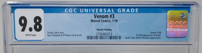 VENOM #3 - MARVEL 2018 - CGC 9.8 - 4TH PRINTING, 1ST FULL KNULL