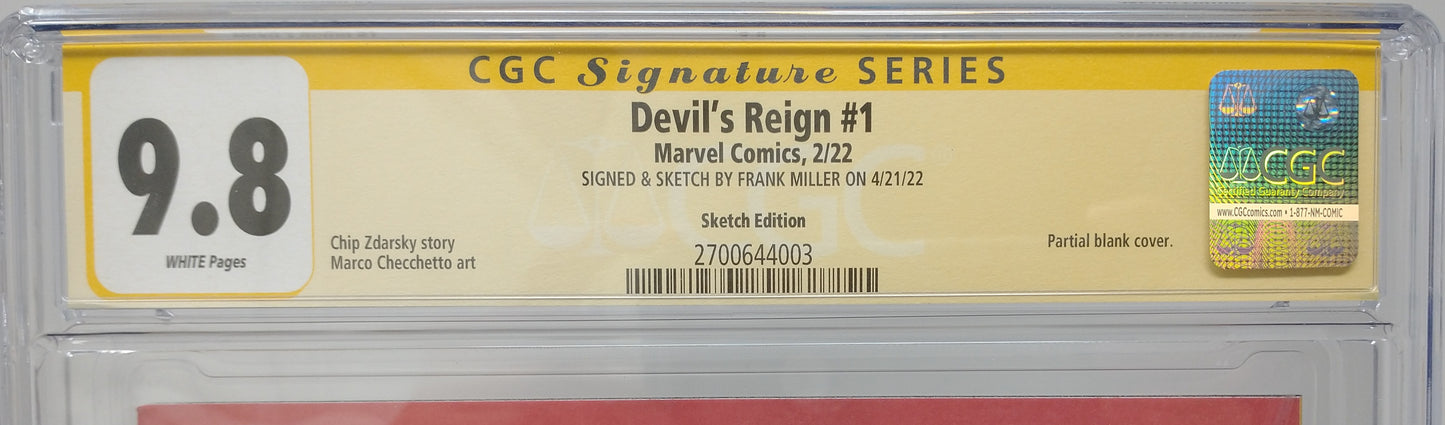 DEVILS REIGN #1 - MARVEL 2022 - CGC 9.8 - FRANK MILLER SIGNED SKETCH B