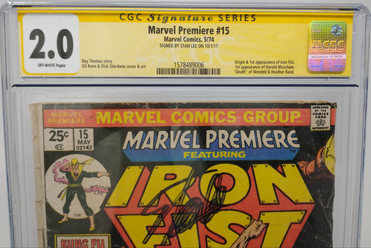 MARVEL PREMIERE #15 - MARVEL 1974 - CGC 2.0 - 1ST IRON FIST, SIGNED STAN LEE