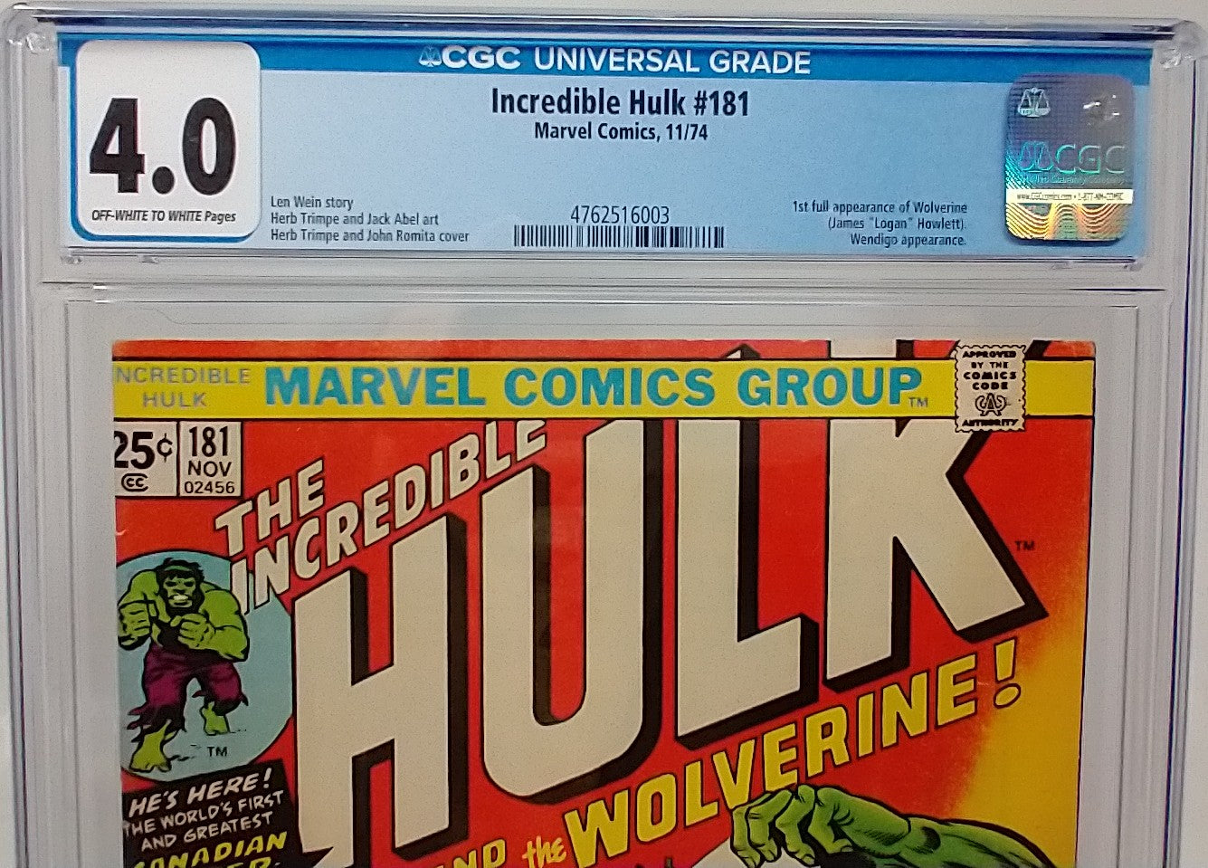 INCREDIBLE HULK #181 - MARVEL 1974 - CGC 4.0 - 1ST WOLVERINE APPEARANCE