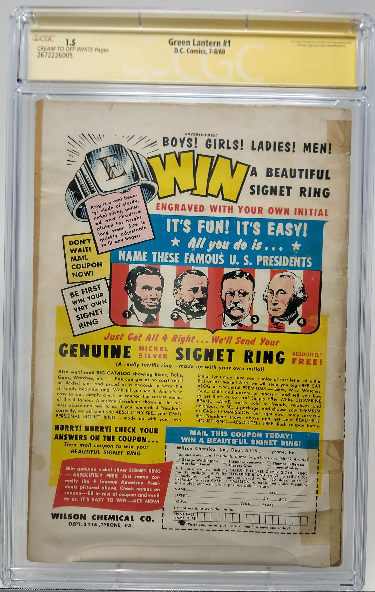 GREEN LANTERN #1 - DC 1960 - CGC 1.5 - 1ST GUARDIANS OF THE UNIVERSE, SIGNED