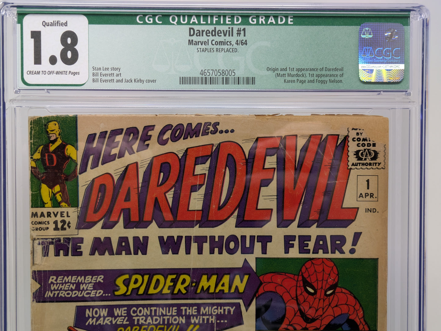DAREDEVIL #1 - MARVEL 1964 - CGCQ 1.8 GD- - 1ST APPEARANCE OF DAREDEVIL