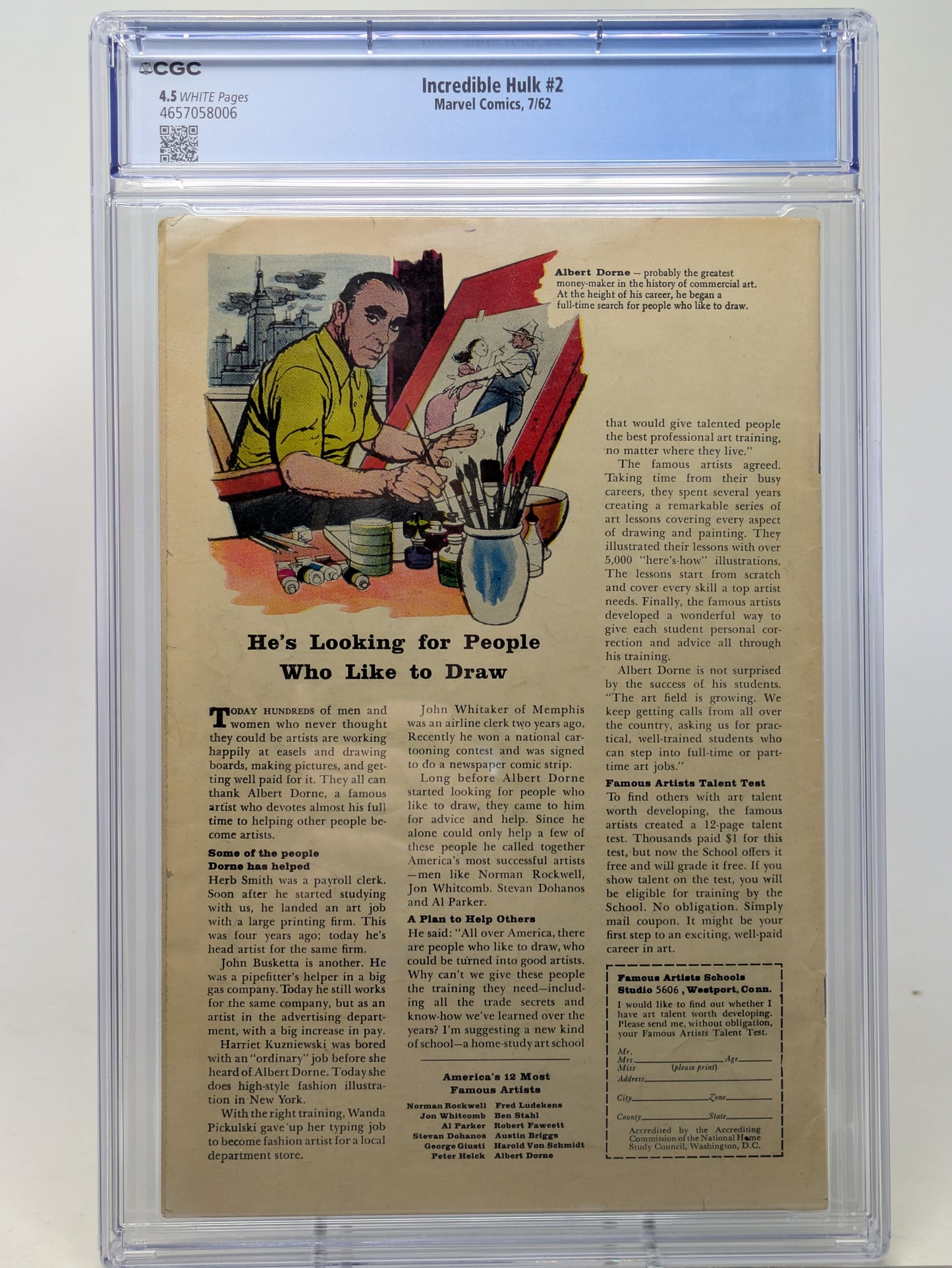 INCREDIBLE HULK #2 - MARVEL 1962 - CGC 4.5 VG+ - 1ST GREEN HULK, 2ND HULK APPEARANCE