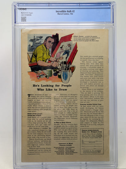 INCREDIBLE HULK #2 - MARVEL 1962 - CGC 4.5 VG+ - 1ST GREEN HULK, 2ND HULK APPEARANCE