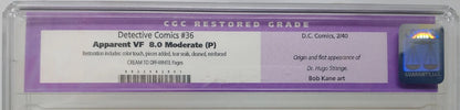 DETECTIVE COMICS #36 - DC 1940 - CGC 8.0 - ORIGIN 1ST HUGO STRANGE