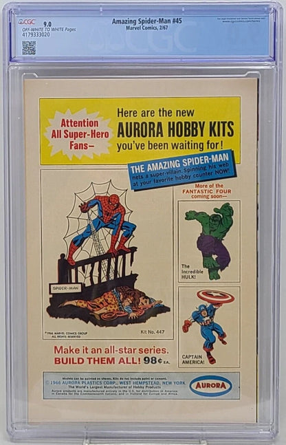 AMAZING SPIDER-MAN #45 - MARVEL 1967 - CGC 9.0 - 3RD LIZARD