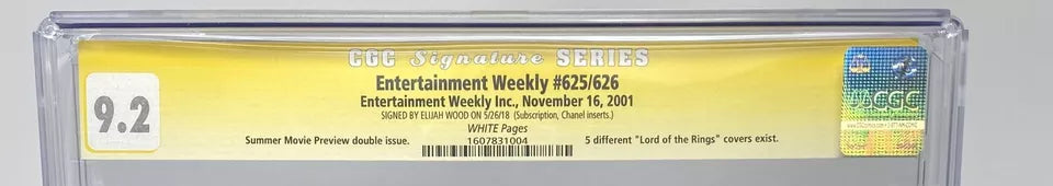 ENTERTAINMENT WEEKLY #625 - ENTERTAINEMTN WEEKLY INC. 2001 - CGCS 9.2 - ELIJAH WOOD SIGNED