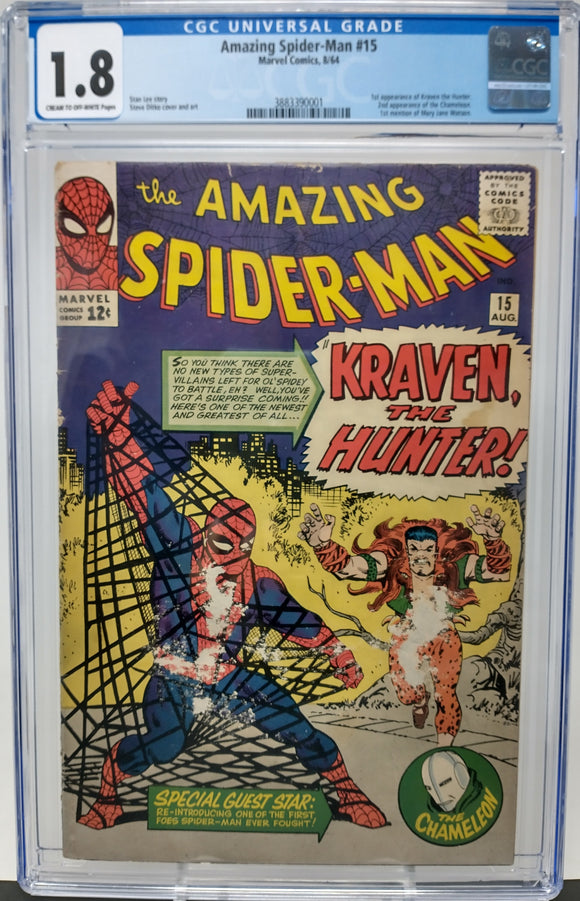 AMAZING SPIDER-MAN #15 ~ MARVEL 1964 ~ CGC 1.8 GD- ~ 1ST APPEARANCE OF KRAVEN THE HUNTER